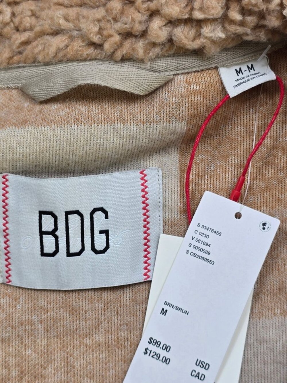 NEW BDG Medium Sherpa Jacket Beige/Brown Patchwork Full Zip - Picture 2 of 4